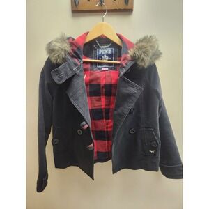 y2k Victoria's Secret PINK Womens Black Pea Coat Buffalo Plaid medium